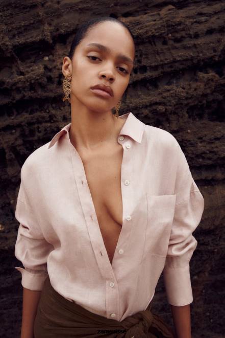 Zara vêtements P66V365 femmes Chemise 100% lin beige/rose