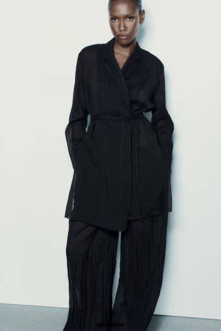 Zara vêtements P66V370 femmes blouse minimaliste ceinturée noir