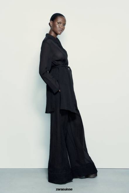 Zara vêtements P66V370 femmes blouse minimaliste ceinturée noir