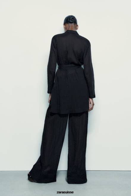 Zara vêtements P66V370 femmes blouse minimaliste ceinturée noir