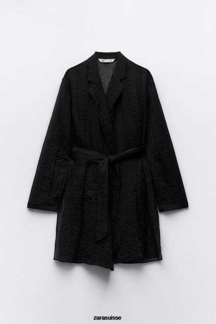 Zara vêtements P66V370 femmes blouse minimaliste ceinturée noir