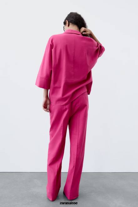 Zara vêtements P66V371 femmes chemise oversize en lin mélangé magenta