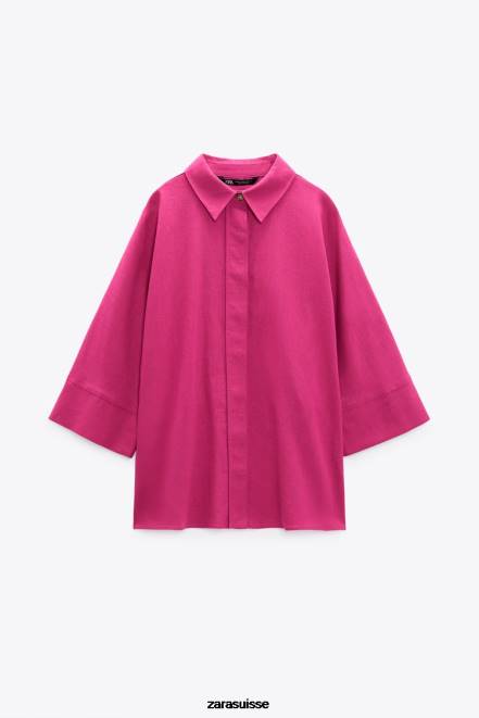 Zara vêtements P66V371 femmes chemise oversize en lin mélangé magenta