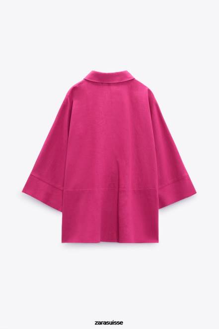 Zara vêtements P66V371 femmes chemise oversize en lin mélangé magenta