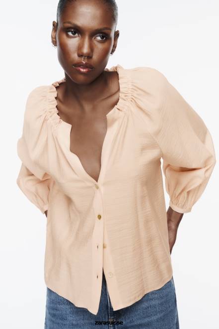 Zara vêtements P66V373 femmes blouse à col volanté beige/rose