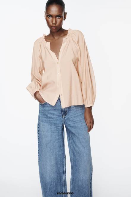 Zara vêtements P66V373 femmes blouse à col volanté beige/rose