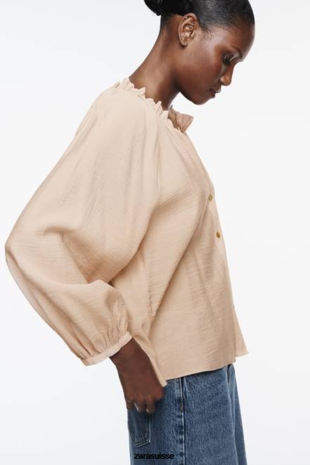Zara vêtements P66V373 femmes blouse à col volanté beige/rose