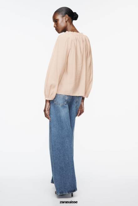 Zara vêtements P66V373 femmes blouse à col volanté beige/rose