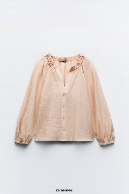 Zara vêtements P66V373 femmes blouse à col volanté beige/rose