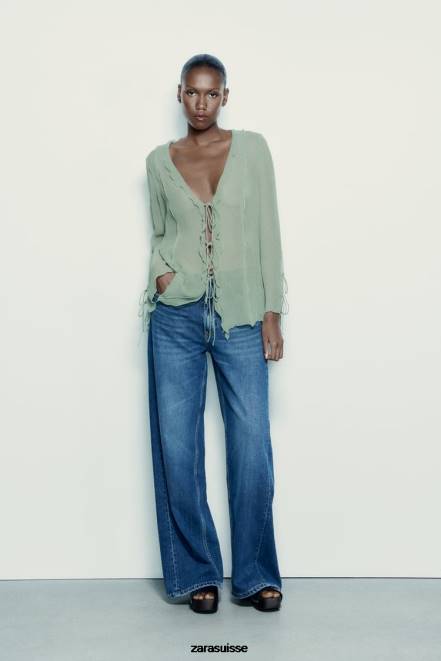 Zara vêtements P66V376 femmes blouse semi-transparente à volants vert d'eau