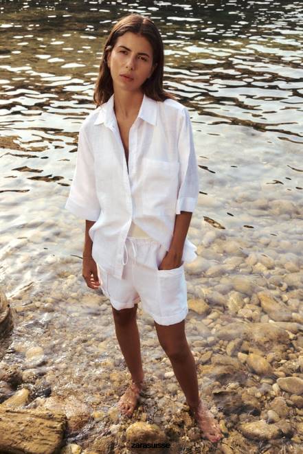 Zara vêtements P66V377 femmes chemise en lin avec poches blanc d'huître