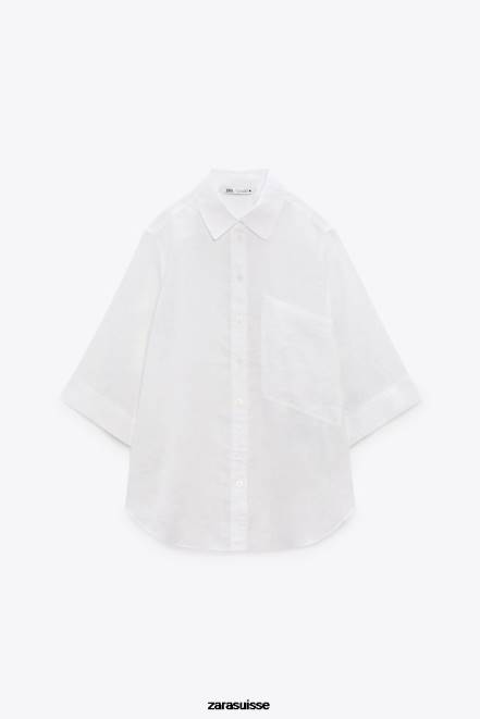 Zara vêtements P66V377 femmes chemise en lin avec poches blanc d'huître