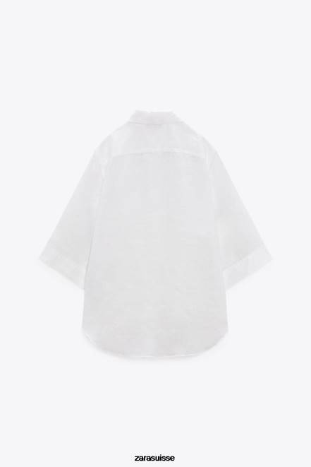 Zara vêtements P66V377 femmes chemise en lin avec poches blanc d'huître
