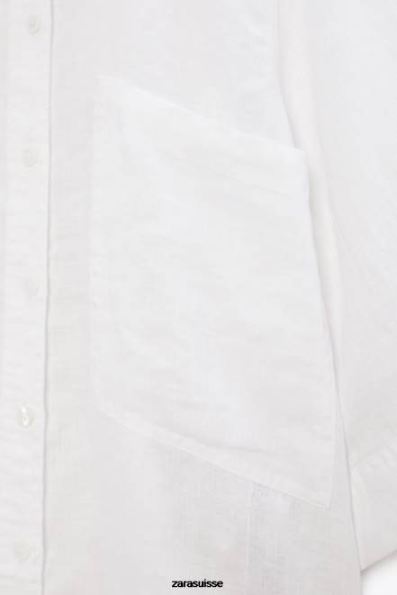 Zara vêtements P66V377 femmes chemise en lin avec poches blanc d'huître