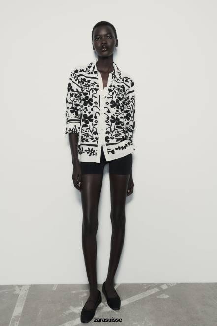Zara vêtements P66V378 femmes chemise en lin mélangé imprimé écru/noir