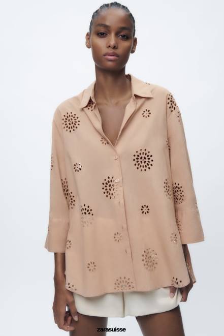 Zara vêtements P66V379 femmes chemise à broderies ajourées beige/rose