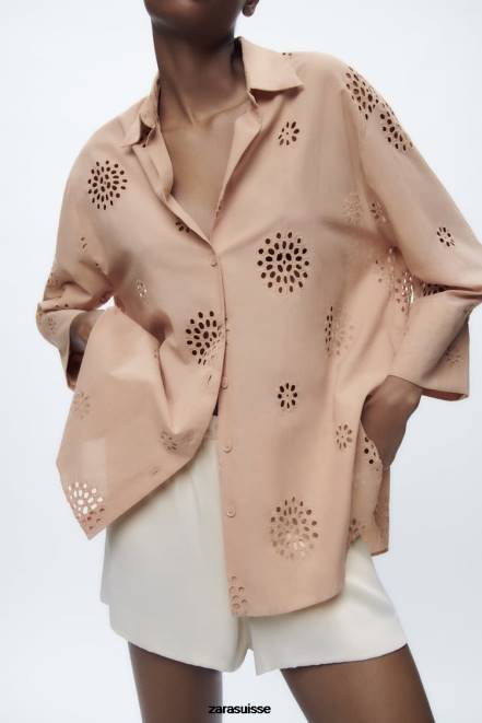 Zara vêtements P66V379 femmes chemise à broderies ajourées beige/rose