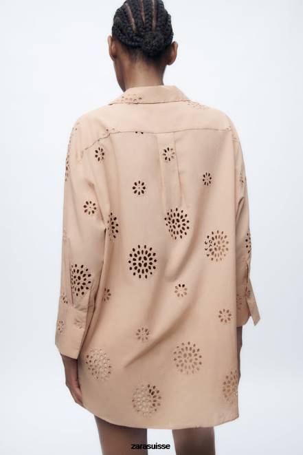 Zara vêtements P66V379 femmes chemise à broderies ajourées beige/rose
