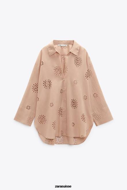 Zara vêtements P66V379 femmes chemise à broderies ajourées beige/rose