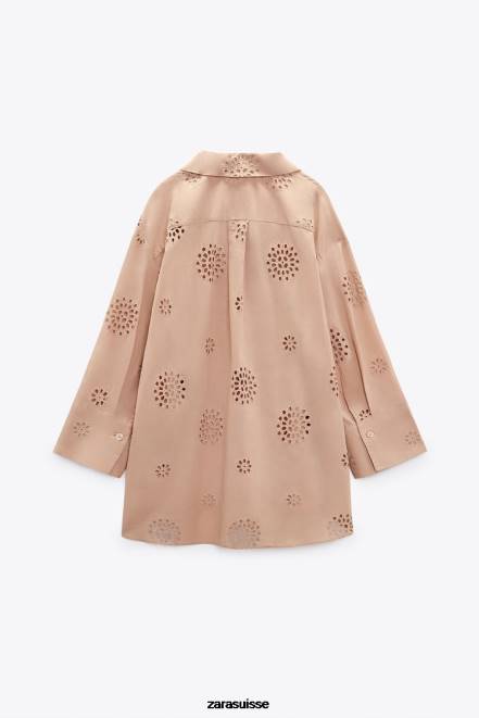 Zara vêtements P66V379 femmes chemise à broderies ajourées beige/rose