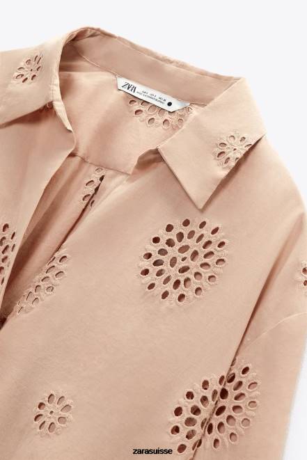 Zara vêtements P66V379 femmes chemise à broderies ajourées beige/rose