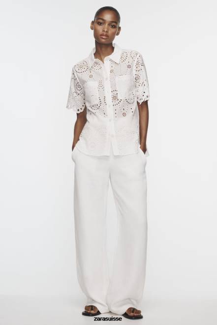 Zara vêtements P66V380 femmes chemise à broderies ajourées blanc d'huître