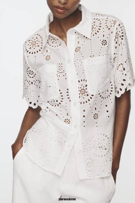 Zara vêtements P66V380 femmes chemise à broderies ajourées blanc d'huître