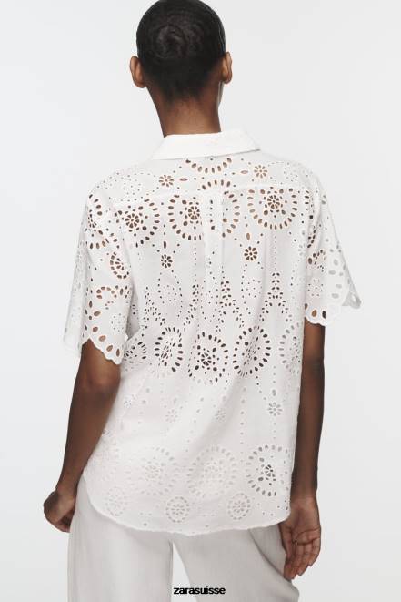 Zara vêtements P66V380 femmes chemise à broderies ajourées blanc d'huître