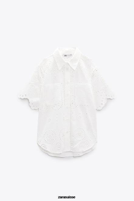 Zara vêtements P66V380 femmes chemise à broderies ajourées blanc d'huître