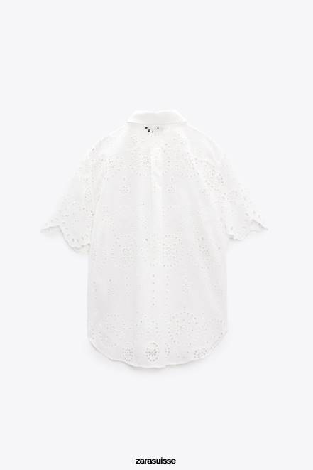 Zara vêtements P66V380 femmes chemise à broderies ajourées blanc d'huître
