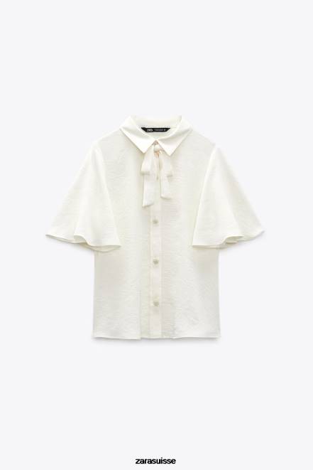 Zara vêtements P66V381 femmes chemise à col nœud et boutons perlés écru