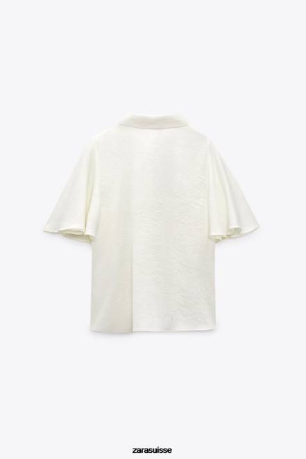 Zara vêtements P66V381 femmes chemise à col nœud et boutons perlés écru