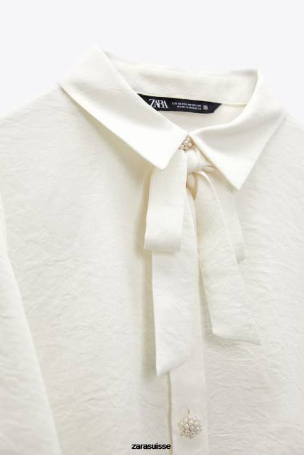 Zara vêtements P66V381 femmes chemise à col nœud et boutons perlés écru