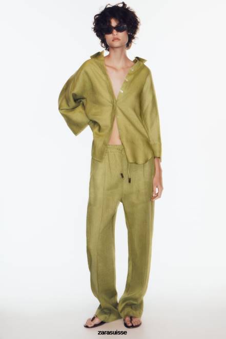 Zara vêtements P66V383 femmes chemise en lin à manches larges olive verte