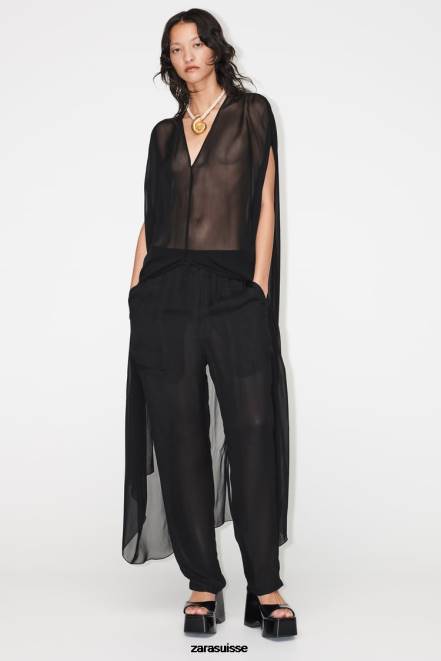 Zara vêtements P66V385 femmes blouse longue semi-transparente noir