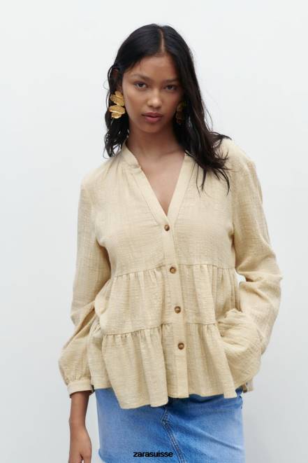 Zara vêtements P66V386 femmes blouse rustique à volants beige