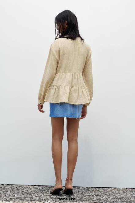 Zara vêtements P66V386 femmes blouse rustique à volants beige