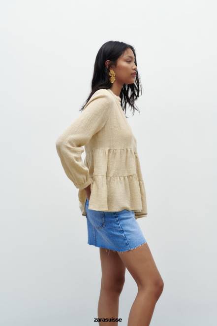 Zara vêtements P66V386 femmes blouse rustique à volants beige
