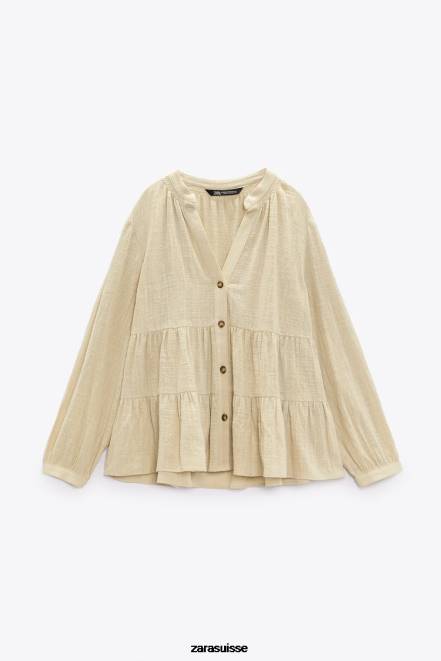 Zara vêtements P66V386 femmes blouse rustique à volants beige