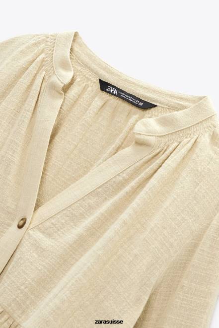 Zara vêtements P66V386 femmes blouse rustique à volants beige