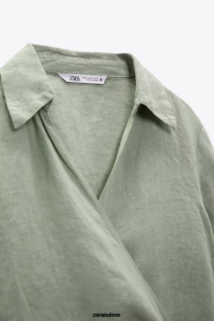 Zara vêtements P66V387 femmes chemise en lin nouée kaki clair