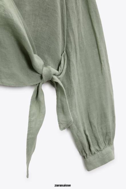 Zara vêtements P66V387 femmes chemise en lin nouée kaki clair