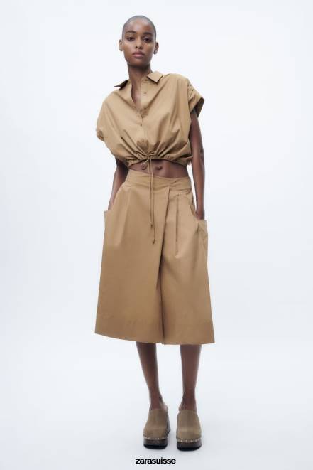 Zara vêtements P66V392 femmes chemise raccourcie en popeline marron taupe