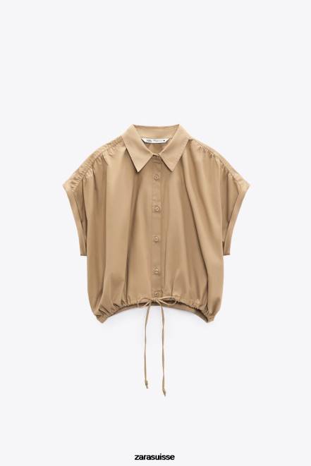 Zara vêtements P66V392 femmes chemise raccourcie en popeline marron taupe