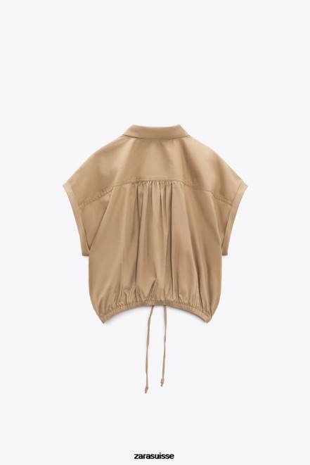 Zara vêtements P66V392 femmes chemise raccourcie en popeline marron taupe