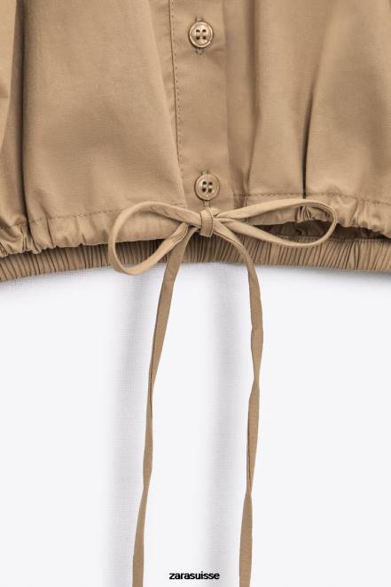 Zara vêtements P66V392 femmes chemise raccourcie en popeline marron taupe