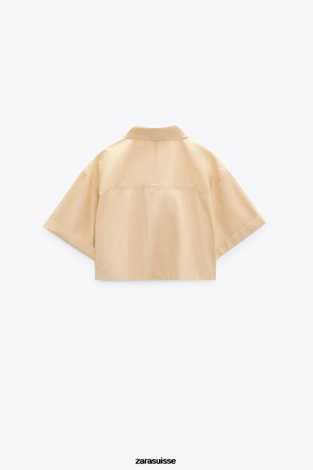 Zara vêtements P66V395 femmes chemise raccourcie en gabardine crème