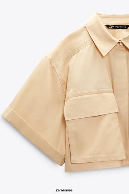 Zara vêtements P66V395 femmes chemise raccourcie en gabardine crème