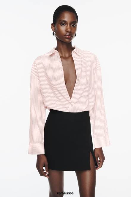 Zara vêtements P66V397 femmes chemise oversize à rayures blanc rouge