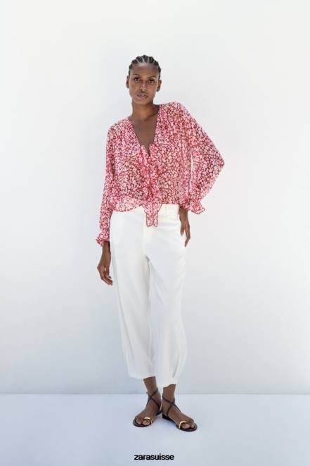 Zara vêtements P66V399 femmes blouse imprimée à volants blanc rouge